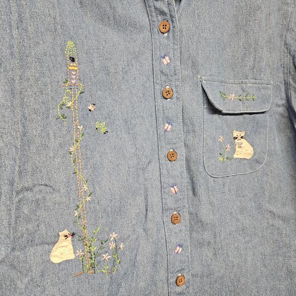 Vintage Graff Denim Long Sleeve Shirt Cat Embroidery - Picture 2 of 9